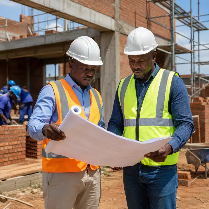 Construction professionals reviewing plans on a building site