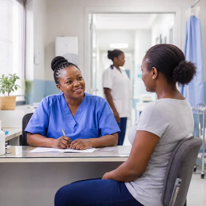 Nurse speaking with a patient in a healthcare clinic
