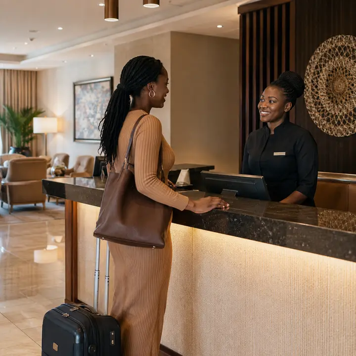 Hotel receptionist welcoming a guest with luggage