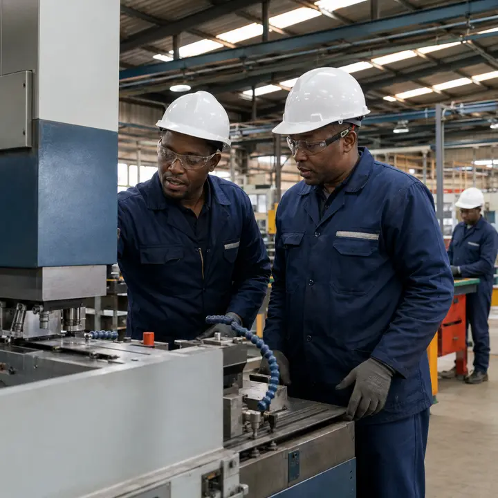 Factory technicians inspecting manufacturing equipment