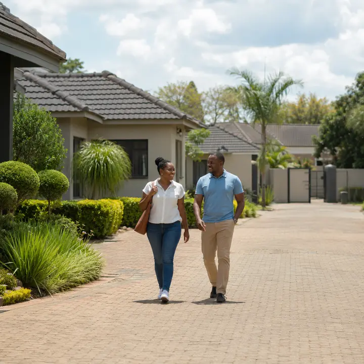 Residents walking between homes in a landscaped residential estate