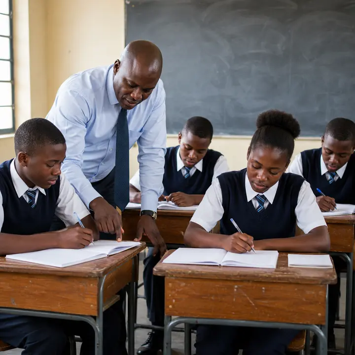 Teacher helping uniformed students in a classroom