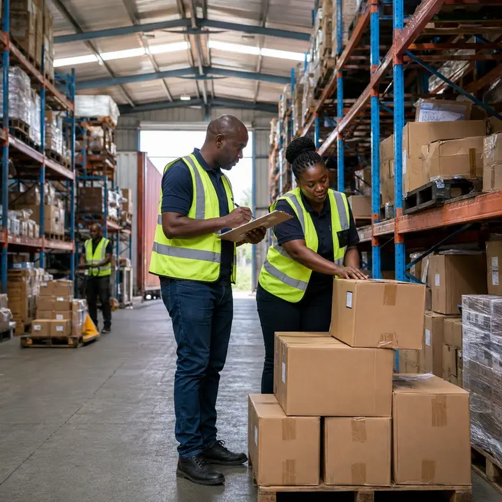 Warehouse staff inspecting cartons beside stocked pallet shelves