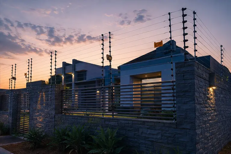 Electric security fencing protecting a modern property